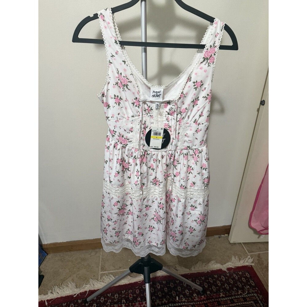 Planet Heart Women's Floral Lace Trim V-Neck Sleeveless Dress White Pink Green M